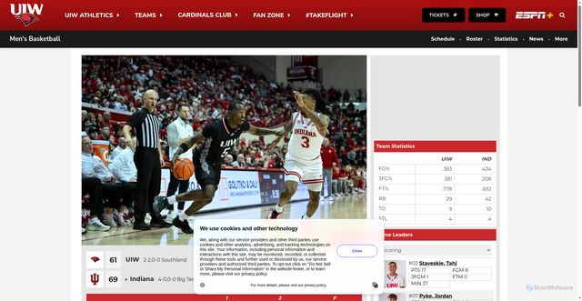 Security scan screenshot of https://uiwcardinals.com/news/2025/11/16/mens-basketball-narrowly-falls-to-indiana.aspx