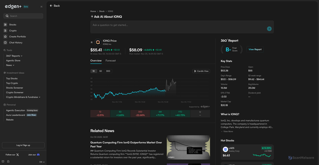 Security scan screenshot of https://www.edgen.tech/stock/IONQ