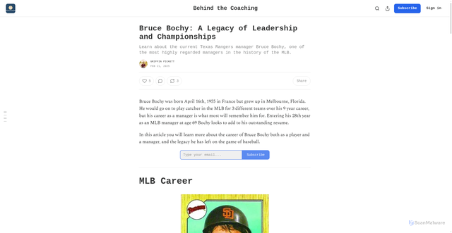 Security scan screenshot of https://behindthecoaching.substack.com/p/bruce-bochy-a-legacy-of-leadership