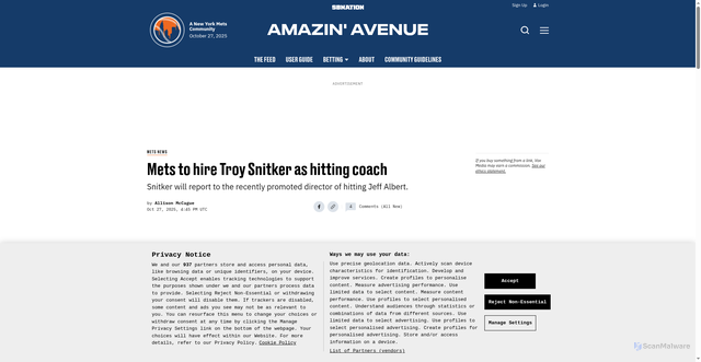 Security scan screenshot of https://www.amazinavenue.com/new-york-mets-news/87099/new-york-mets-news-troy-snitker-hitting-coach-jeff-albert-staff
