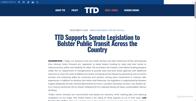 Security scan screenshot of https://ttd.org/news-and-media/ttd-supports-senate-legislation-to-bolster-public-transit-across-the-country/