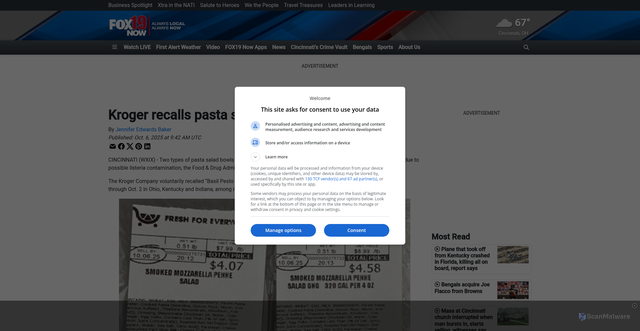 Security scan screenshot of https://www.fox19.com/2025/10/06/kroger-recalls-pasta-salads-sold-tri-state/