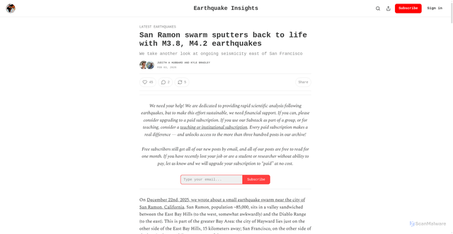 Security scan screenshot of https://earthquakeinsights.substack.com/p/san-ramon-swarm-sputters-back-to