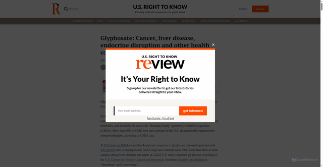Security scan screenshot of https://usrtk.org/pesticides/glyphosate-health-concerns/