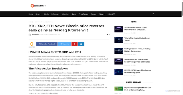 Security scan screenshot of https://blockmanity.com/news/btc-xrp-eth-news-bitcoin-price-reverses-early-gains-as-nasdaq-futures-wilt/