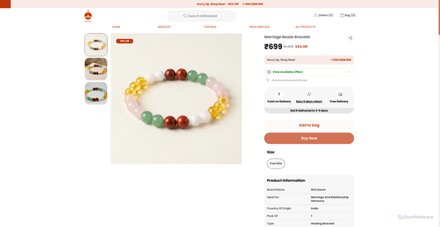 Security scan screenshot of https://shriaaum.store/Marriage-Beads-Bracelet/catalogue/lYwes8b7/c53rZ3zi