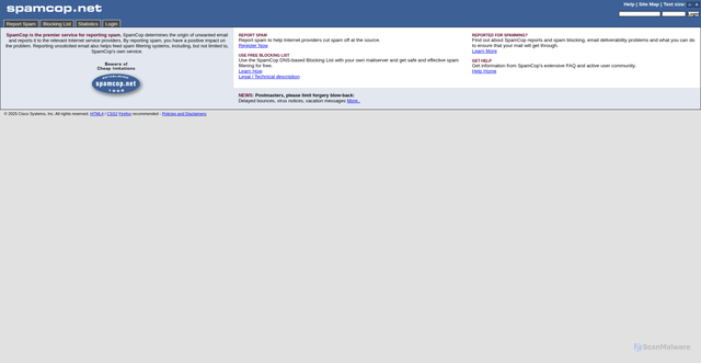 Security scan screenshot of https://www.spamcop.net/