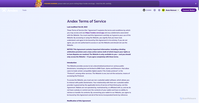 Security scan screenshot of https://andex.vercel.app/terms-of-service