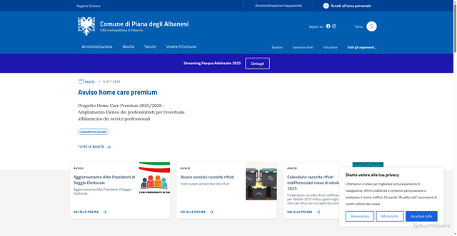 Security scan screenshot of https://comune.pianadeglialbanesi.pa.it/