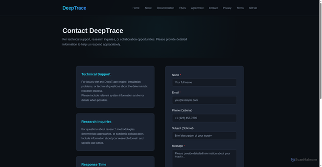 Security scan screenshot of https://deeptrace-7st.pages.dev/contact