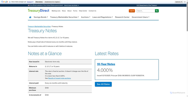 Security scan screenshot of https://treasurydirect.gov/marketable-securities/treasury-notes/
