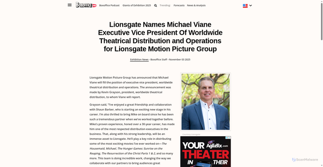 Security scan screenshot of https://www.boxofficepro.com/lionsgate-names-michael-viane-executive-vice-president-of-worldwide-theatrical-distribution-and-operations-for-lionsgate-motion-picture-group/