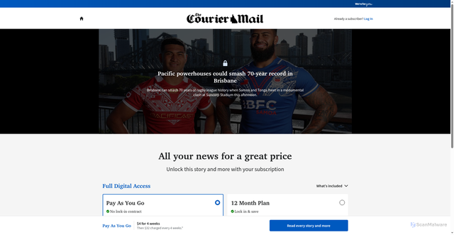 Security scan screenshot of https://www.couriermail.com.au/news/queensland/tonga-v-samoa-could-set-rugby-league-record-at-suncorp-stadium/news-story/cee3b14db9944fbbbd886cf0cddb1dd0