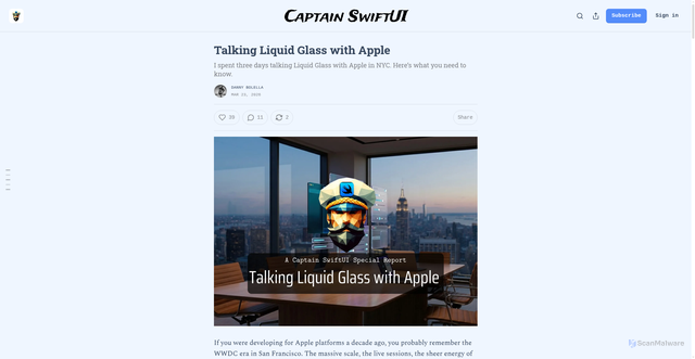 Security scan screenshot of https://captainswiftui.substack.com/p/talking-liquid-glass-with-apple