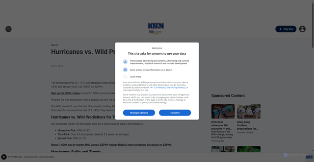 Security scan screenshot of https://kfan.iheart.com/content/2025-02-05-hurricanes-vs-wild-prediction-picks-february-6/