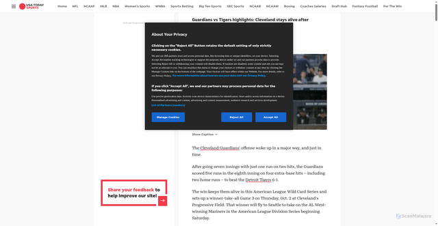 Security scan screenshot of https://www.usatoday.com/story/sports/mlb/playoffs/2025/10/01/tigers-guardians-game-2-time-tv-stream-score-updates/86445076007/