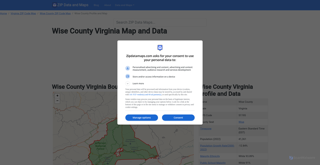 Security scan screenshot of https://www.zipdatamaps.com/county/virginia/wise-county-profile-and-map