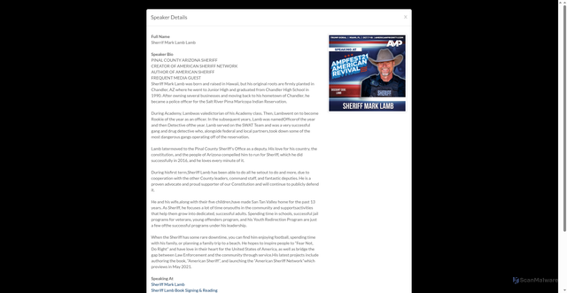 Security scan screenshot of https://alxevents.swoogo.com/ampfest21/speaker/333107/sherrif-mark-lamb-lamb