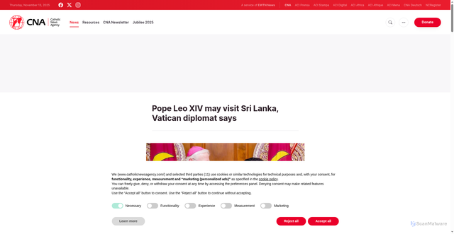 Security scan screenshot of https://www.catholicnewsagency.com/news/267707/pope-leo-xiv-may-visit-sri-lanka-as-vatican-and-island-nation-celebrate-50-years-of-diplomatic-relations