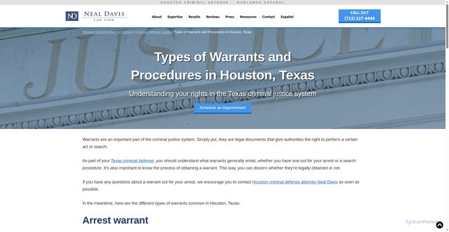 Security scan screenshot of https://www.nealdavislaw.com/criminal-defense-guides/warrants-procedures-texas/