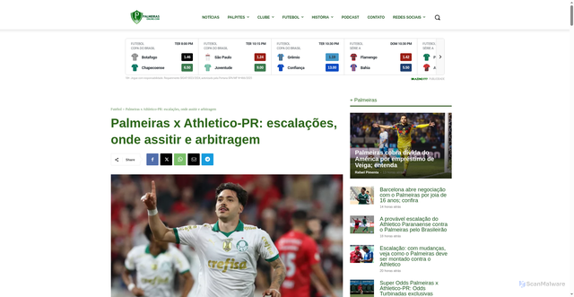 Security scan screenshot of https://palmeirasonline.com/2026/04/19/palmeiras-x-athletico-pr-escalacoes-onde-assitir-e-arbitragem/