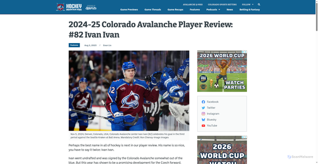 Security scan screenshot of https://hockeymountainhigh.com/2024-25-colorado-avalanche-player-review-82-ivan-ivan/