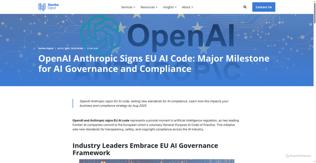Security scan screenshot of https://digital.nemko.com/news/openai-anthropic-signs-eu-ai-code