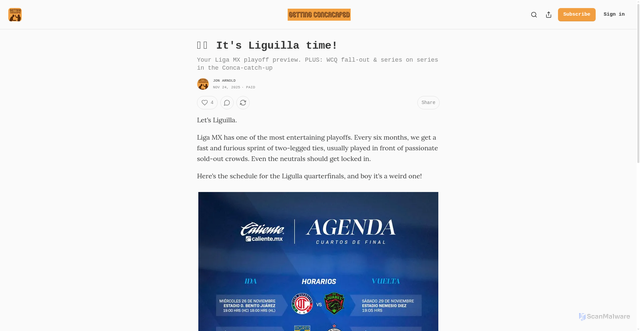 Security scan screenshot of https://getconcacafed.substack.com/p/its-liguilla-time