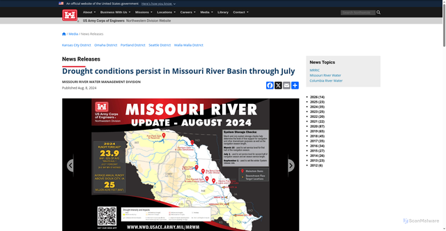 Security scan screenshot of https://www.nwd.usace.army.mil/Media/News-Releases/Article/3865620/drought-conditions-persist-in-missouri-river-basin-through-july/