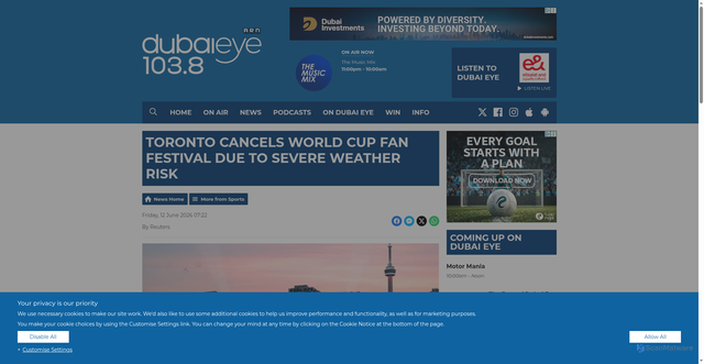 Security scan screenshot of https://www.dubaieye1038.com/news/sports/toronto-cancels-world-cup-fan-festival-due-to-severe-weather-risk/