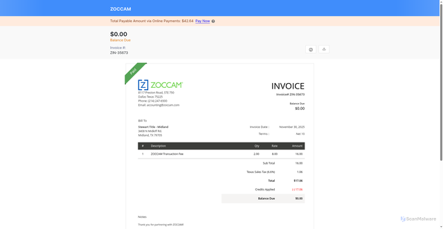 Security scan screenshot of https://zohosecurepay.com/invoice/zoccam/secure?CInvoiceID=2-0d6ded5b729381c2299b8d51cc21cc2f17957cb2d79f0bc6e9acfcb95dc05138fb4b4ae0b4937fc51722addfc16d67e2af98032d22c6486858d06444ed78cf58c0b29e7309a26e04%20