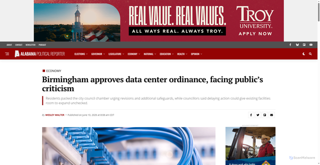 Security scan screenshot of https://www.alreporter.com/2026/06/10/birmingham-approves-data-center-ordinance-facing-publics-criticism/