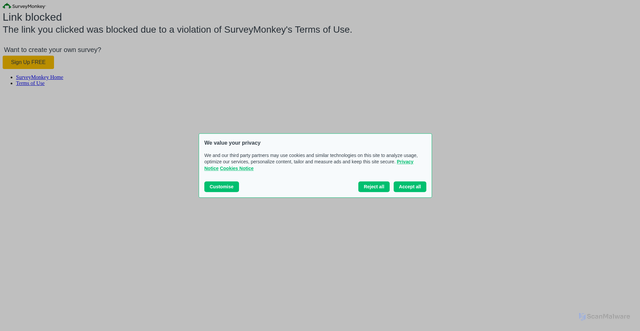 Security scan screenshot of https://www.surveymonkey.com/link-blocked/