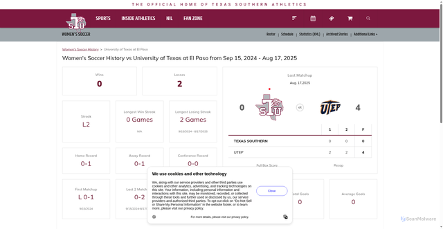 Security scan screenshot of https://tsusports.com/sports/womens-soccer/opponent-history/university-of-texas-at-el-paso/27