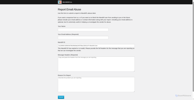 Security scan screenshot of https://mandrillapp.com/contact/abuse?id=31226650.926fb34d78b348e6ab249758ac15b01a?X-Mandrill-User
