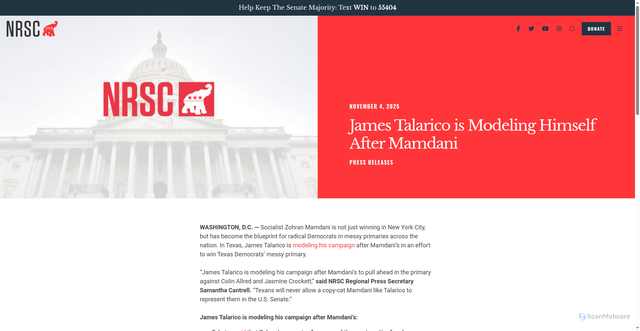 Security scan screenshot of https://www.nrsc.org/press-releases/james-talarico-is-modeling-himself-after-mamdani-2025-11-04/