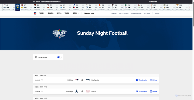 Security scan screenshot of https://amp.nfl.com/schedules/sunday-night-football/
