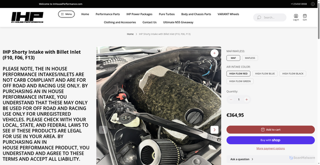 Security scan screenshot of https://inhouseperformance.com/products/ihp-engine-compartment-intake-with-billet-inlet