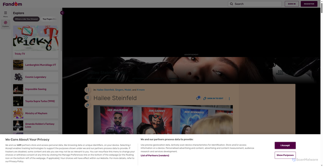 Security scan screenshot of https://haileesteinfeld.fandom.com/wiki/Hailee_Steinfeld