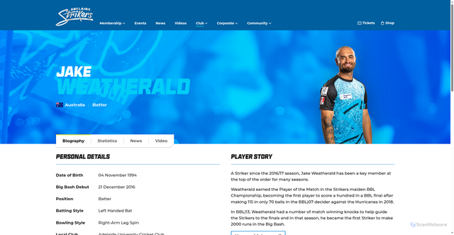 Security scan screenshot of https://www.adelaidestrikers.com.au/players/CA:1173/jake-weatherald