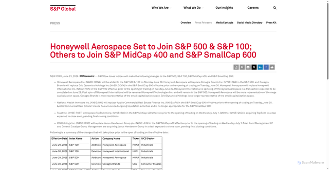 Security scan screenshot of https://press.spglobal.com/2026-06-23-Honeywell-Aerospace-Set-to-Join-S-P-500-S-P-100-Others-to-Join-S-P-MidCap-400-and-S-P-SmallCap-600