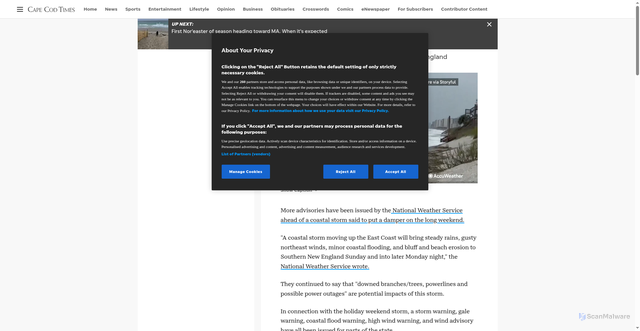 Security scan screenshot of https://www.capecodtimes.com/story/weather/severe/2025/10/11/coastal-flooding-strong-wings-to-hit-ma-via-noreaster-see-timing/86649517007/