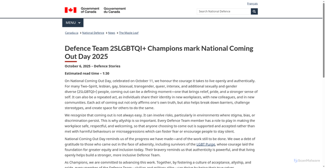 Security scan screenshot of https://www.canada.ca/en/department-national-defence/maple-leaf/defence/2025/10/dt-2slgbtqi-champions-national-coming-out-day-2025.html