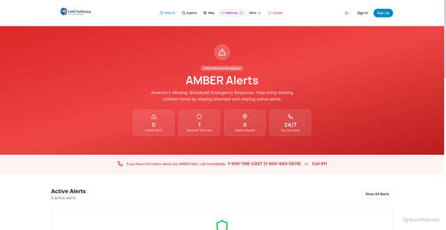 Security scan screenshot of https://linkthemissing.com/amber-alerts