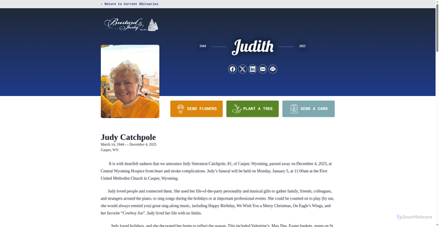 Security scan screenshot of https://www.bustardcares.com/obituaries/judith-catchpole