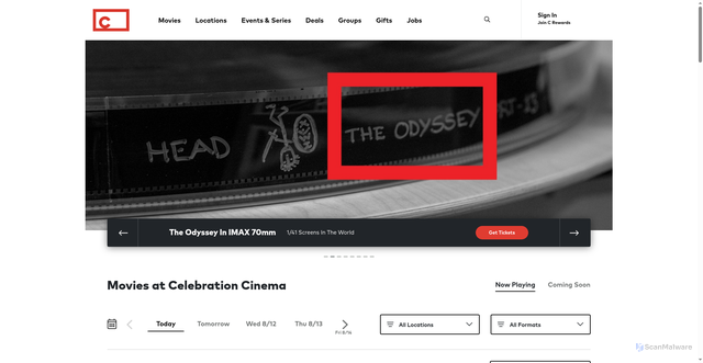 Security scan screenshot of https://www.celebrationcinema.com