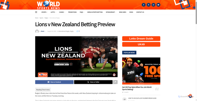 Security scan screenshot of https://sportsnews.worldsportsbetting.co.za/sports/rugby/international-rugby/lions-v-new-zealand-betting-preview/