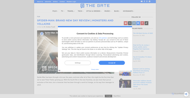 Security scan screenshot of https://www.thegate.ca/film/073094/spider-man-brand-new-day-review-monsters-and-villains/