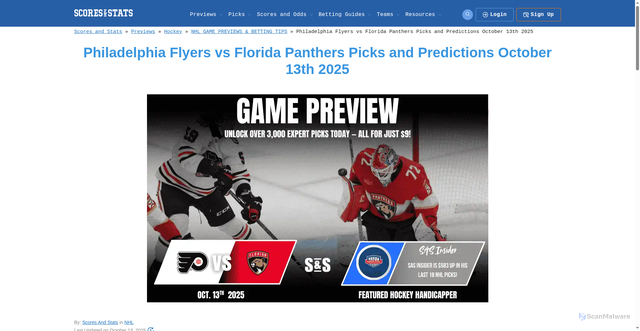 Security scan screenshot of https://www.scoresandstats.com/previews/hockey/nhl/philadelphia-flyers-vs-florida-panthers-62680/