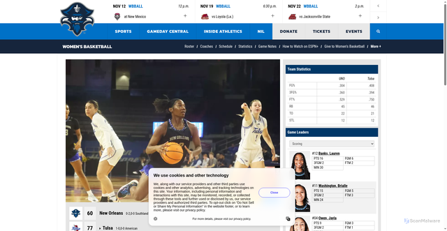 Security scan screenshot of https://unoprivateers.com/news/2025/11/5/womens-basketball-banks-washington-combine-for-31-points-in-loss-at-tulsa.aspx